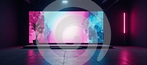 A cyberfuturistic scifi scene featuring a neon abstraction on a virtual reality backdrop with an empty space and a spotlit subject