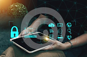 Cybersecurity Concept Global network security technology, protect personal information. Encryption with a key icon on the virtual