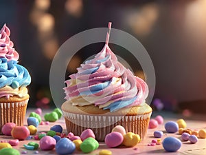 3d Render. Fantasy Colorful Candyland Background With Cupcake. Candies. Ice Cream. Clouds. Generative AI