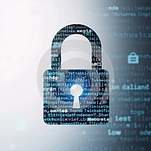 A 3D rendering showcases an open digital lock icon on a white backdrop with related coding text symbolizing the concept of