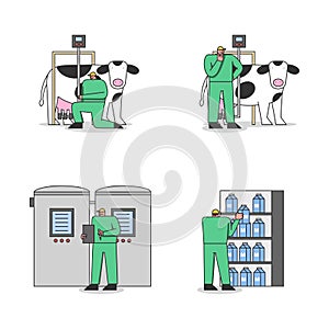 Concept Of Dairy Production. Operators In Uniform Use Professional Equipment For Milking Cows