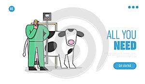 Concept Of Dairy Production. Website Landing Page. Man Milk Factory Worker In Uniform Controls Process Of Milking Cows