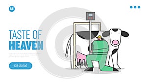 Concept Of Dairy Production. Website Landing Page. Woman In Uniform Connecting Milking Machine To Cow