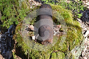 Concept of danger: military old whizbang, artillery rusty whizzbang high explosive of the World War 2 in thicket forest of Belarus