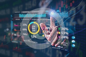 concept of data analysis. Data scientist querying, analysing and visualizing complex set on virtual screen