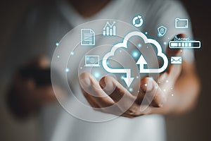 Concept of data cloud computing. Cloud appear on hand businessman. analysis technology. connect devices information technology