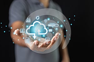 Concept of data cloud computing. Cloud appear on hand businessman. analysis technology. connect devices information technology