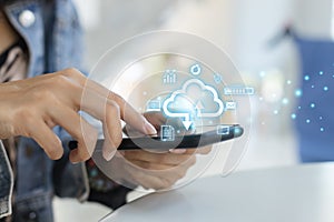 Concept of data cloud computing. woman touches screen to target customer analysis technology. connect devices information