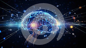 The concept of data flow from the digital human brain. Machine deep learning. Artificial intelligence. Generative AI