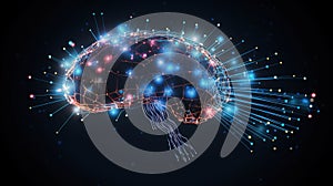 The concept of data flow from the digital human brain. Machine deep learning. Artificial intelligence. Generative AI