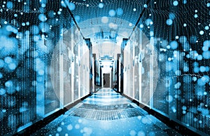 Concept of data and modern data centers, information technology flow visualization. Bright server room data center