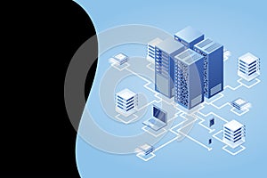 Concept of data network management .Vector isometric map with business networking servers computers and devices.Cloud storage data