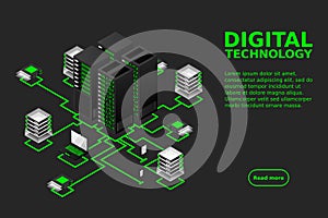 Concept of data network management .Vector isometric map with business networking servers computers and devices.Cloud storage data