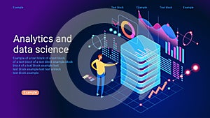 Concept of data research, technology, data analysis and science. Modern flat design isometric concept. Landing page template