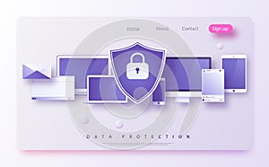 Concept is data security Access, it security. Shield on Computer Desktop or laptop protect sensitive data.