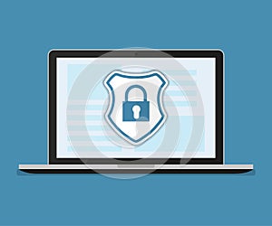 Concept is data security Access .Shield on Computer Desktop or laptop protect sensitive data. Internet security. Vector design