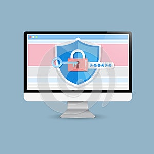 Concept is data security Access .Shield on Computer Desktop pro