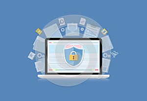 Concept is data security Center .Shield on Computer Laptop protect sensitive data. Internet security. Vector Illustration.or