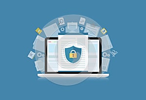 Concept is data security Center .Shield on Computer Laptop protect sensitive data. Internet security. Vector Illustration.or