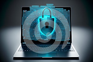 The concept of data security protection on a blue laptop AI Generated