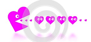 Concept of dating - big Pacman heart hunting small hearts