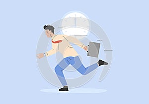 Concept Of Deadline, Stress At Work. Frustrated, Burnout Worker Is Running With Briefcase. Businessman Is Hurrying Up On