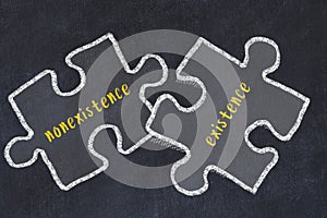 Concept of dealing with troubles. Chalk sketch of connecting puzzles with words nonexistence and existence