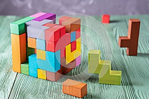 Concept of decision making process, creative, logical thinking. Geometric shapes in different colors. Logical tasks. Conundrum