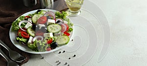 Concept of delicious food with Greek salad on white textured background