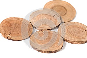 The Concept dendrochronology. tree trunks clearly visible annual rings, round slices of trees, white background photo