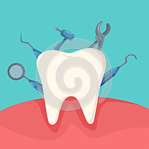 The concept of dental treatment. Dental instruments behind the treated tooth. Vector illustration