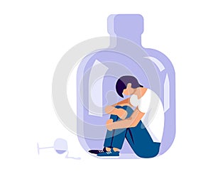 Concept with depressed character is sitting into a alcohol bottle