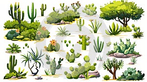 The concept of a desert landscape with cactuses, grass, bushes, trees, and tumbleweeds isolated on white background. A