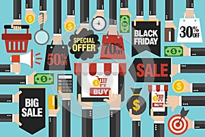Concept design Black friday sale flat, with laptop,smartphone online shopping. Sale 30%, 50%, 70% off