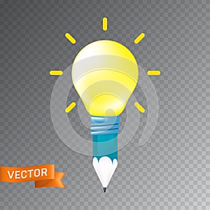 Concept design of an idea or inspiration icon. Vector illustration of a pencil and yellow light bulb isolated on a transparent