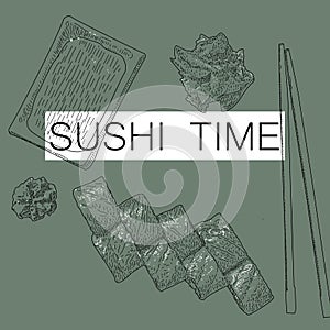 Concept design of the invitation sushi restaurant. Vector illustration