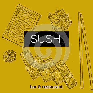 Concept design of the invitation sushi restaurant. Vector illustration