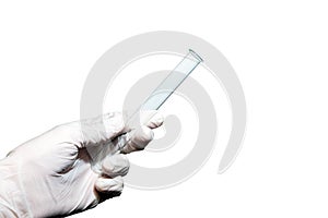 Concept on the design of medicine, science and laboratory research. Empty test tube in his left hand, wearing a glove. Isolated on