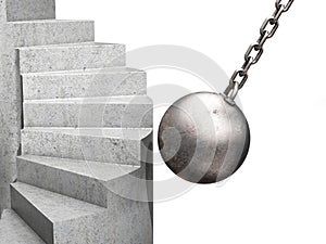 Concept of destruction and the obstacle to success. A destructive ball strikes the ladder. 3D