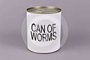 Concept for dfifficult situations and unpleasant experiences showing a tin can with white label and words `Can of worms`