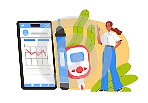 Concept of diabetes management. Woman standing next to smartphone and blood glucose meter.