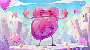 Concept of digestion system health. Cartoon illustration of an abdomen organ character showing muscles.