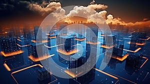 Concept of a digital city with cloud connections. Futuristic network in the clouds.