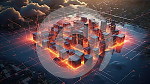 Concept of a digital city with cloud connections. Futuristic network in the clouds.