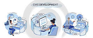 Concept of digital content management system, CMS development software metaphor, program development service technology