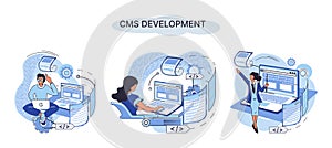 Concept of digital content management system, CMS development software metaphor, program development service technology