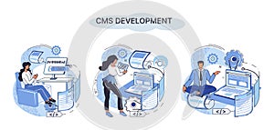 Concept of digital content management system, CMS development software metaphor, program development service technology