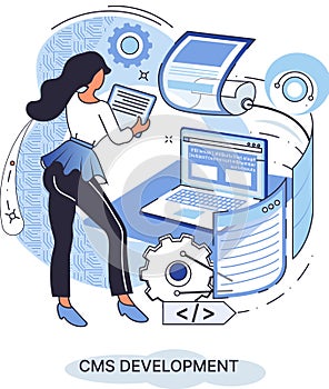 Concept of digital content management system, CMS development software metaphor, program development service technology