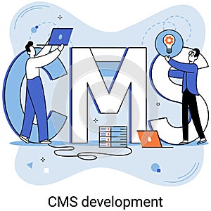 Concept of digital content management system, CMS development software metaphor, program development service technology