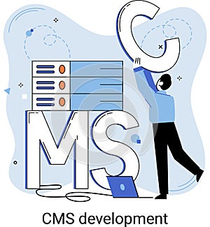 Concept of digital content management system, CMS development software metaphor, program development service technology